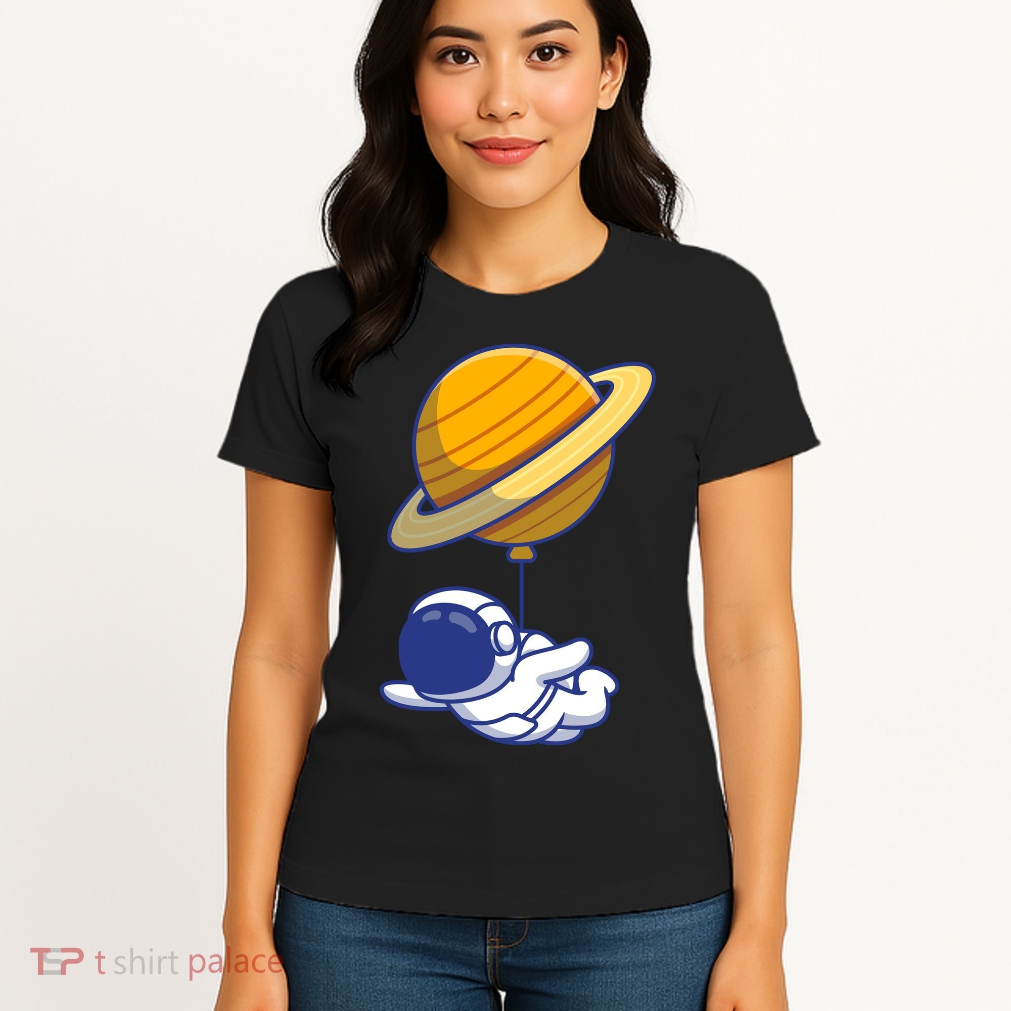 Cute Astronaut Floating On With Saturn Balloon Women's T-Shirt