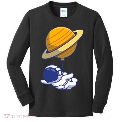 Cute Astronaut Floating On With Saturn Balloon Kids Long Sleeve Shirt