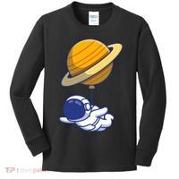 Cute Astronaut Floating On With Saturn Balloon Kids Long Sleeve Shirt thumb 0
