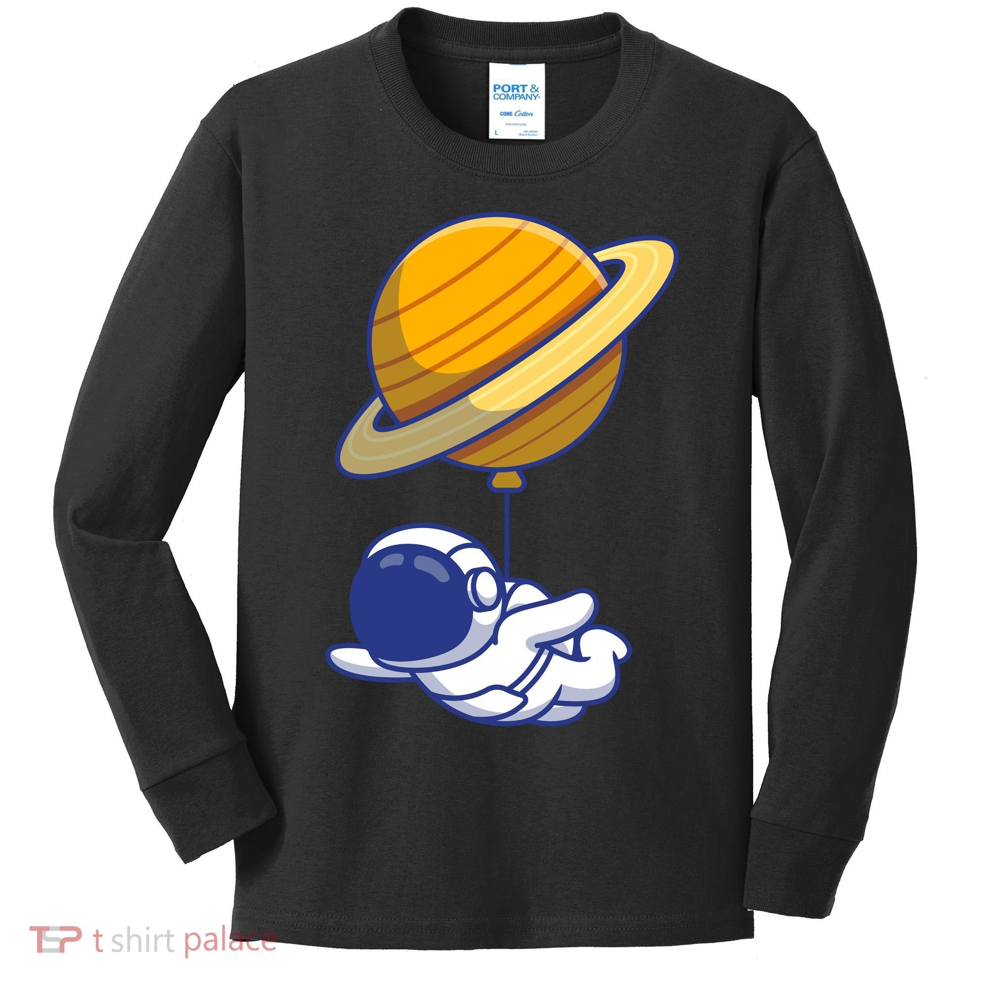 Cute Astronaut Floating On With Saturn Balloon Kids Long Sleeve Shirt