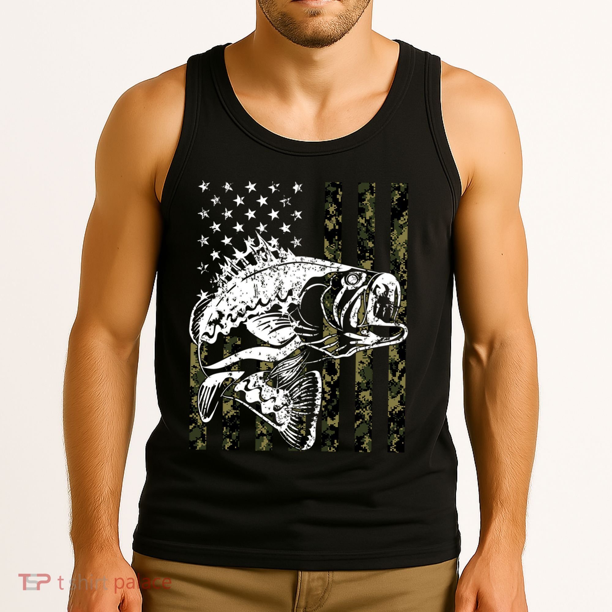 Camouflage American Flag Fisherman Tank Top