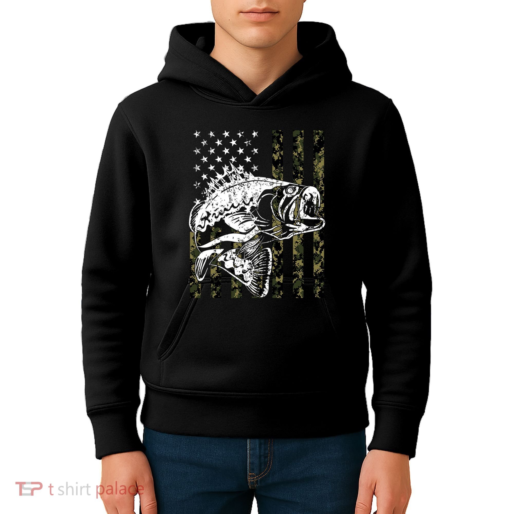 Camouflage American Flag Fisherman Kids Hoodie