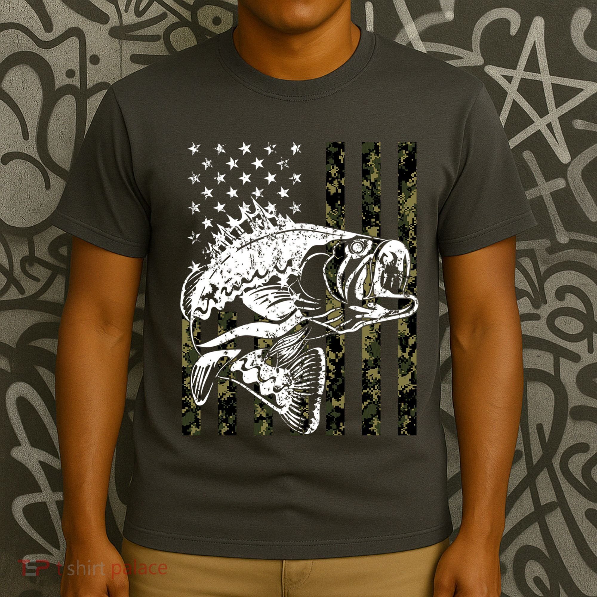 Camouflage American Flag Fisherman T-Shirt