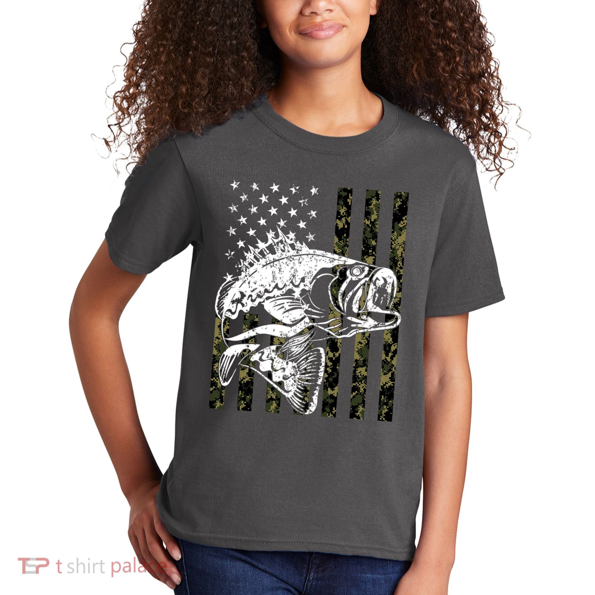 Camouflage American Flag Fisherman Kids T-Shirt