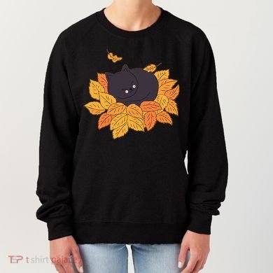 Cute Autumn Fall Sleeping Black Kitty Leaves Women's Sweatshirt