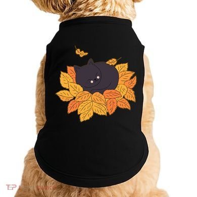 Cute Autumn Fall Sleeping Black Kitty Leaves Doggie Tank