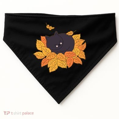 Cute Autumn Fall Sleeping Black Kitty Leaves USA-Made Doggie Bandana