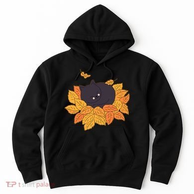 Cute Autumn Fall Sleeping Black Kitty Leaves Hoodie
