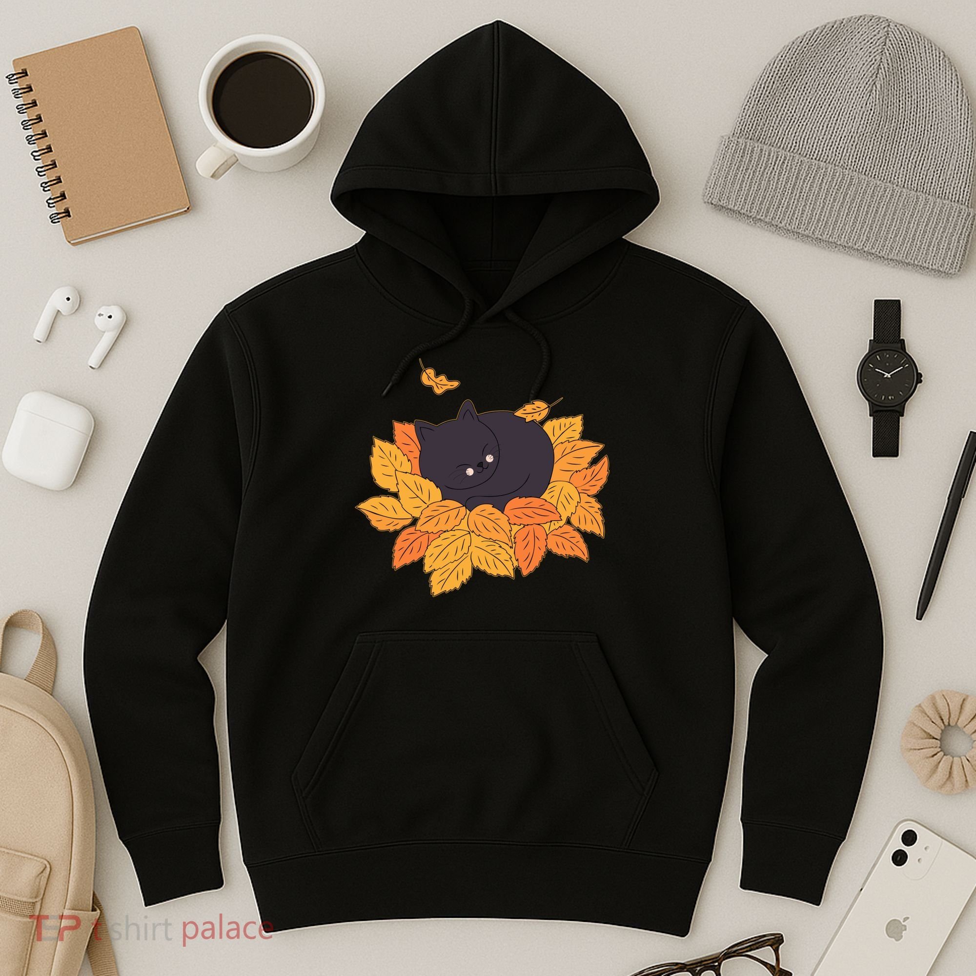 Cute Autumn Fall Sleeping Black Kitty Leaves Hoodie