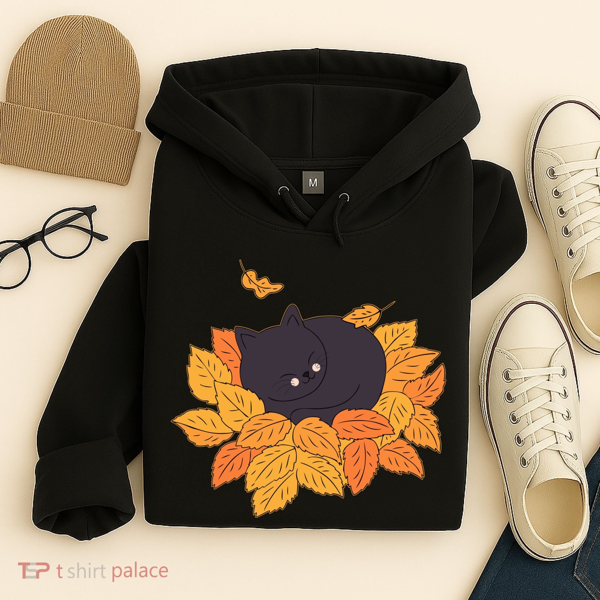 Cute Autumn Fall Sleeping Black Kitty Leaves Hoodie
