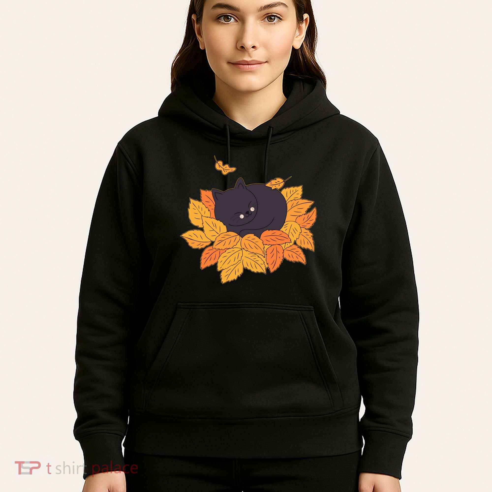 Cute Autumn Fall Sleeping Black Kitty Leaves Hoodie