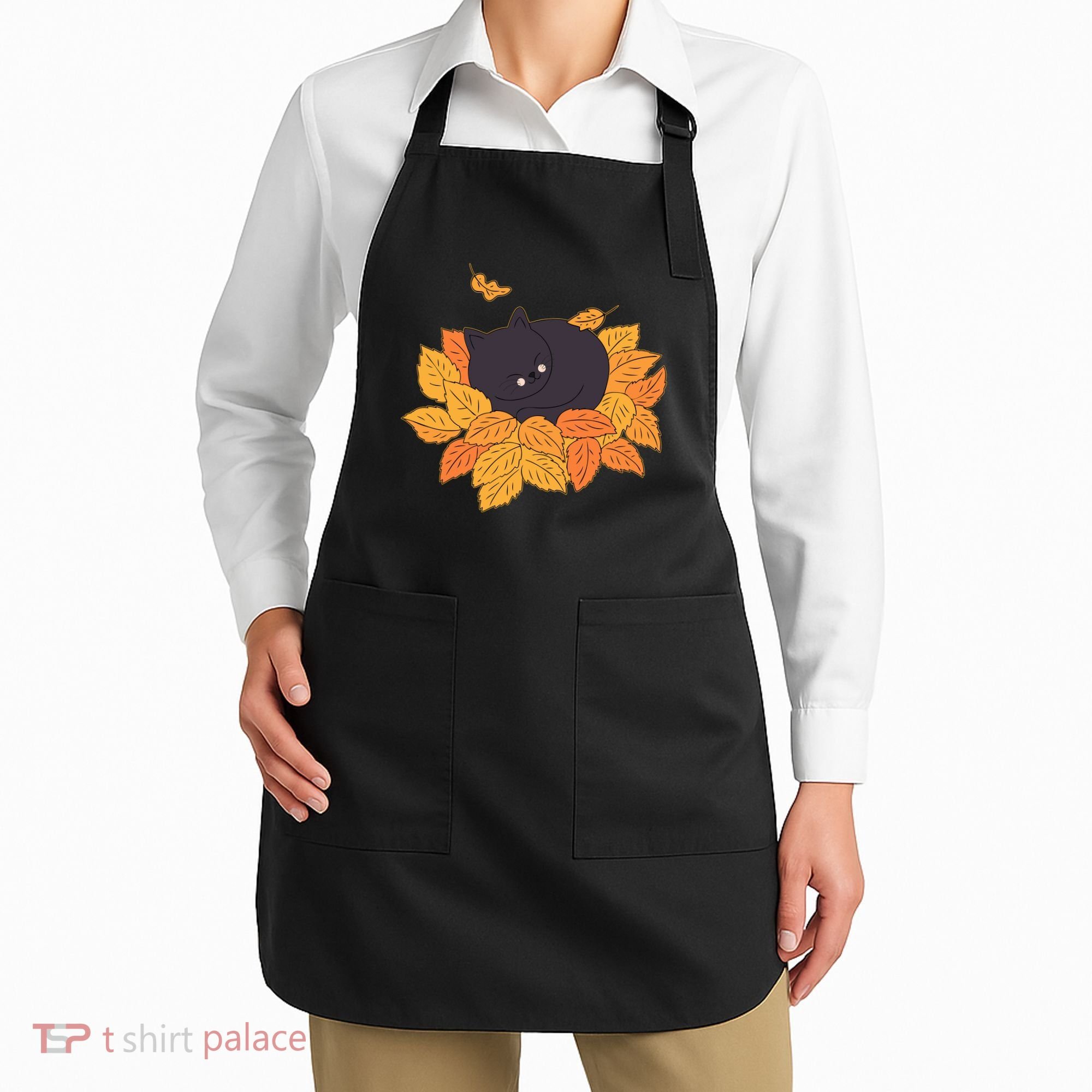 Cute Autumn Fall Sleeping Black Kitty Leaves Apron