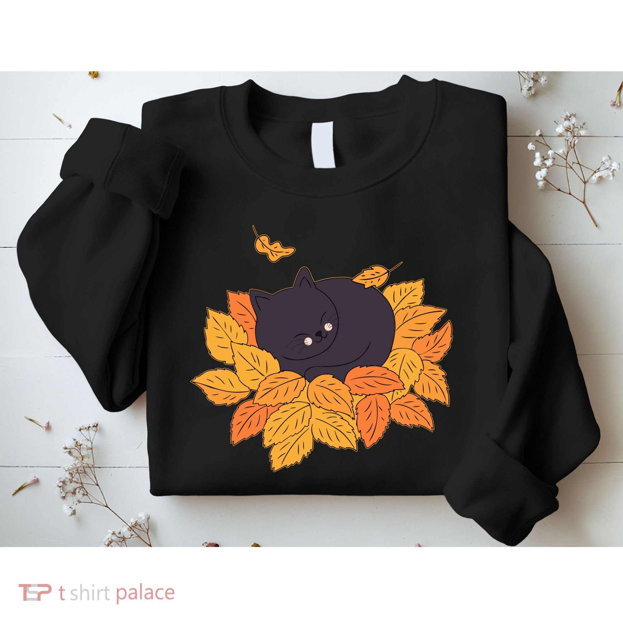 Cute Autumn Fall Sleeping Black Kitty Leaves Sweatshirt