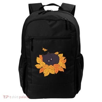 Cute Autumn Fall Sleeping Black Kitty Leaves Backpack