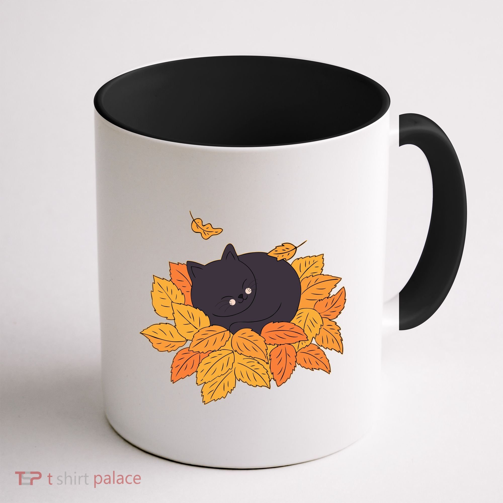 Cute Autumn Fall Sleeping Black Kitty Leaves Coffee Mug