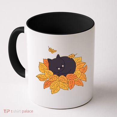 Cute Autumn Fall Sleeping Black Kitty Leaves Coffee Mug