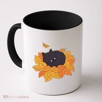 Cute Autumn Fall Sleeping Black Kitty Leaves Coffee Mug thumb 0