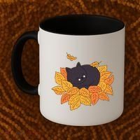Cute Autumn Fall Sleeping Black Kitty Leaves Coffee Mug thumb 2