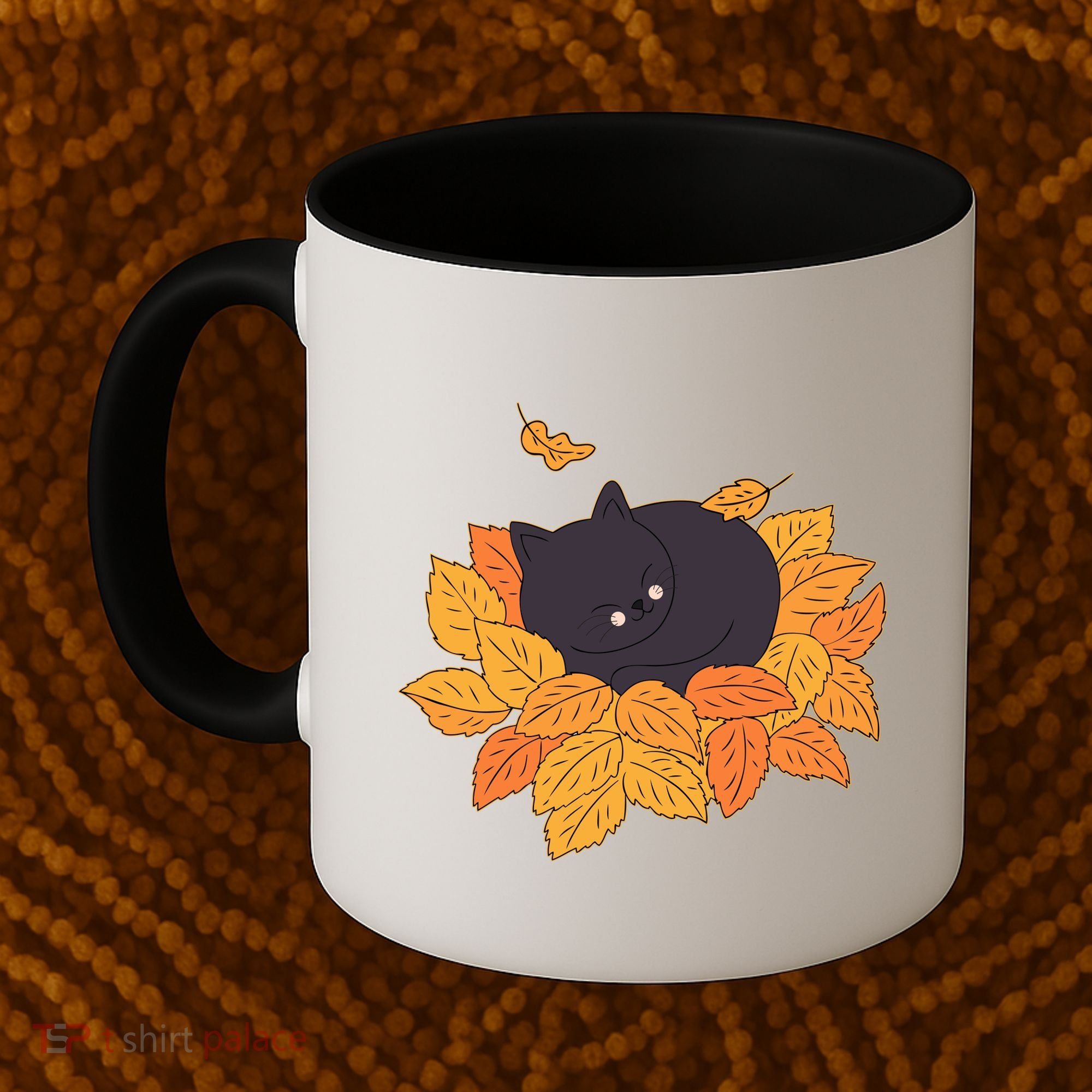Cute Autumn Fall Sleeping Black Kitty Leaves Coffee Mug