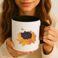 Cute Autumn Fall Sleeping Black Kitty Leaves Coffee Mug thumb 3