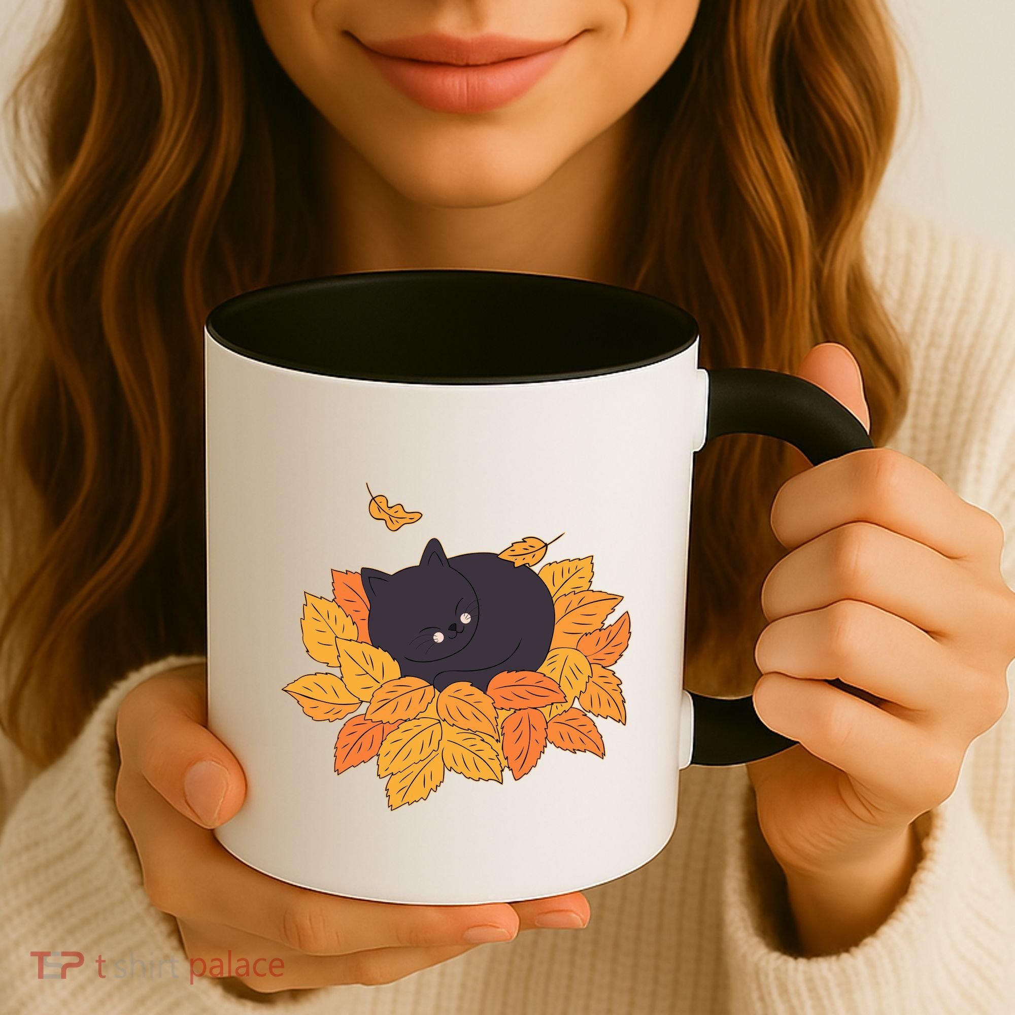 Cute Autumn Fall Sleeping Black Kitty Leaves Coffee Mug