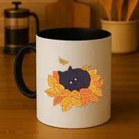 Cute Autumn Fall Sleeping Black Kitty Leaves Coffee Mug thumb 4