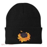 Cute Autumn Fall Sleeping Black Kitty Leaves Beanie thumb 0