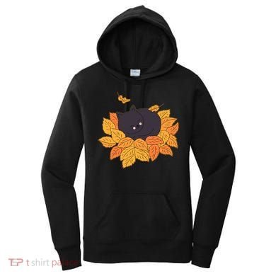 Cute Autumn Fall Sleeping Black Kitty Leaves Women's Hoodie