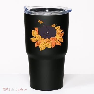 Cute Autumn Fall Sleeping Black Kitty Leaves Tumbler