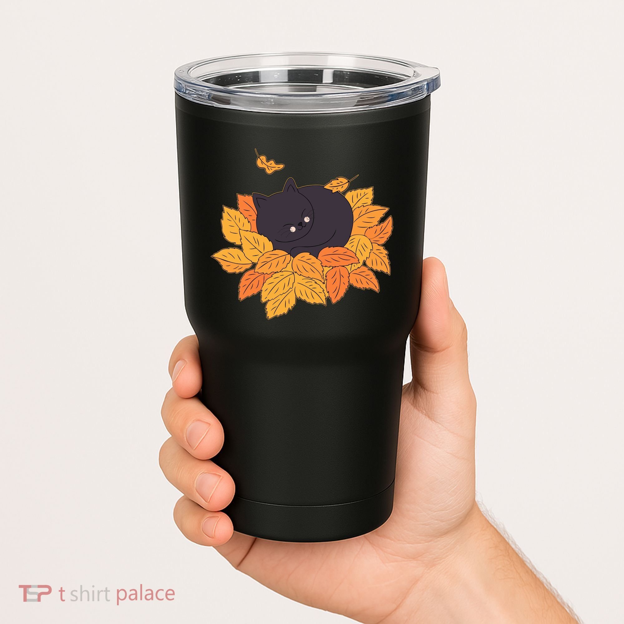 Cute Autumn Fall Sleeping Black Kitty Leaves Tumbler