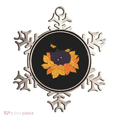Cute Autumn Fall Sleeping Black Kitty Leaves Ornament