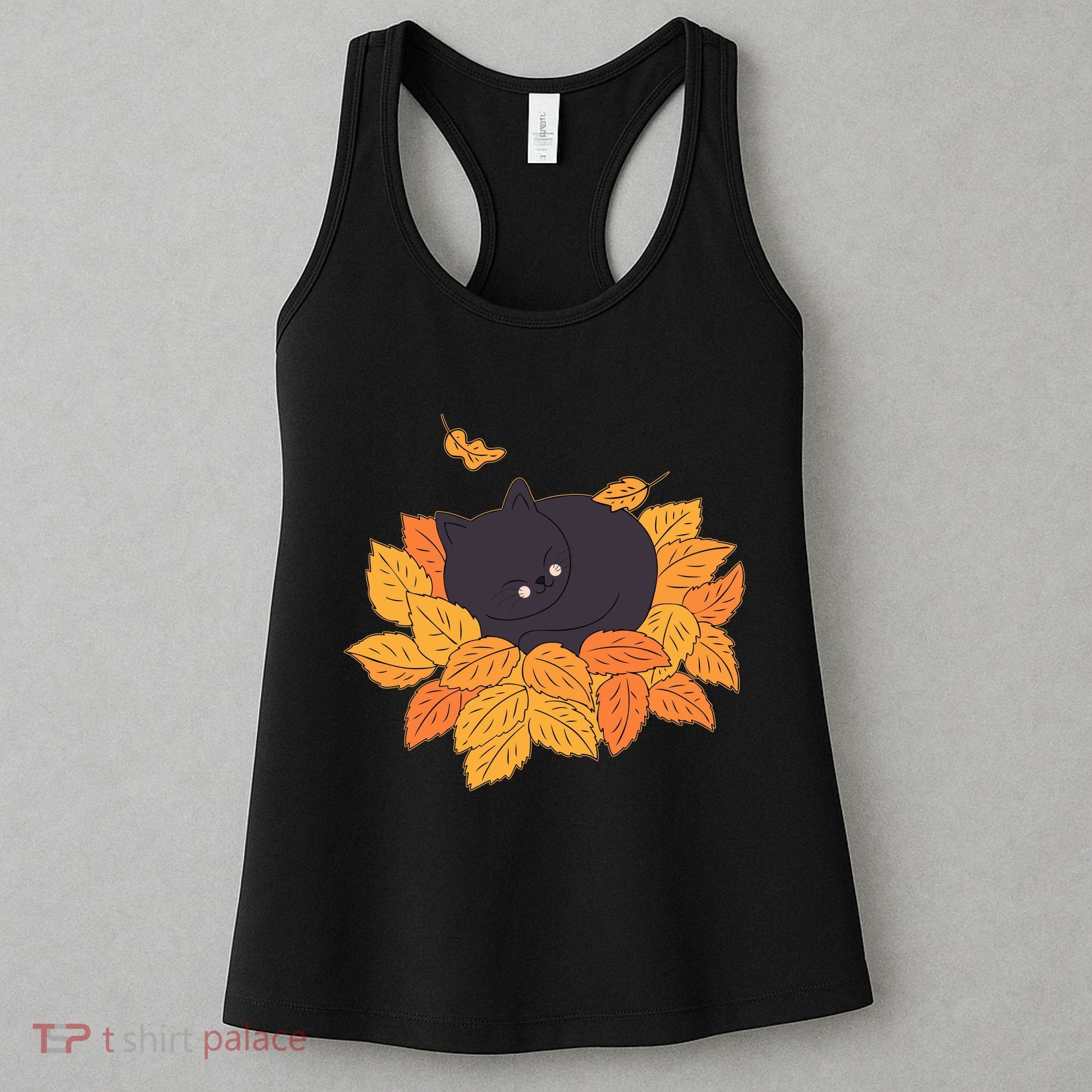 Cute Autumn Fall Sleeping Black Kitty Leaves Women's Tank Top