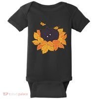 Cute Autumn Fall Sleeping Black Kitty Leaves Baby Bodysuit thumb 0