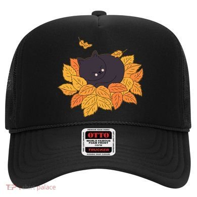 Cute Autumn Fall Sleeping Black Kitty Leaves Hat