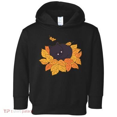 Cute Autumn Fall Sleeping Black Kitty Leaves Toddler Hoodie