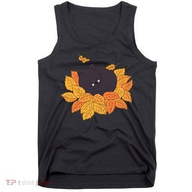 Cute Autumn Fall Sleeping Black Kitty Leaves Tank Top