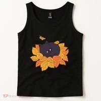 Cute Autumn Fall Sleeping Black Kitty Leaves Tank Top thumb 2