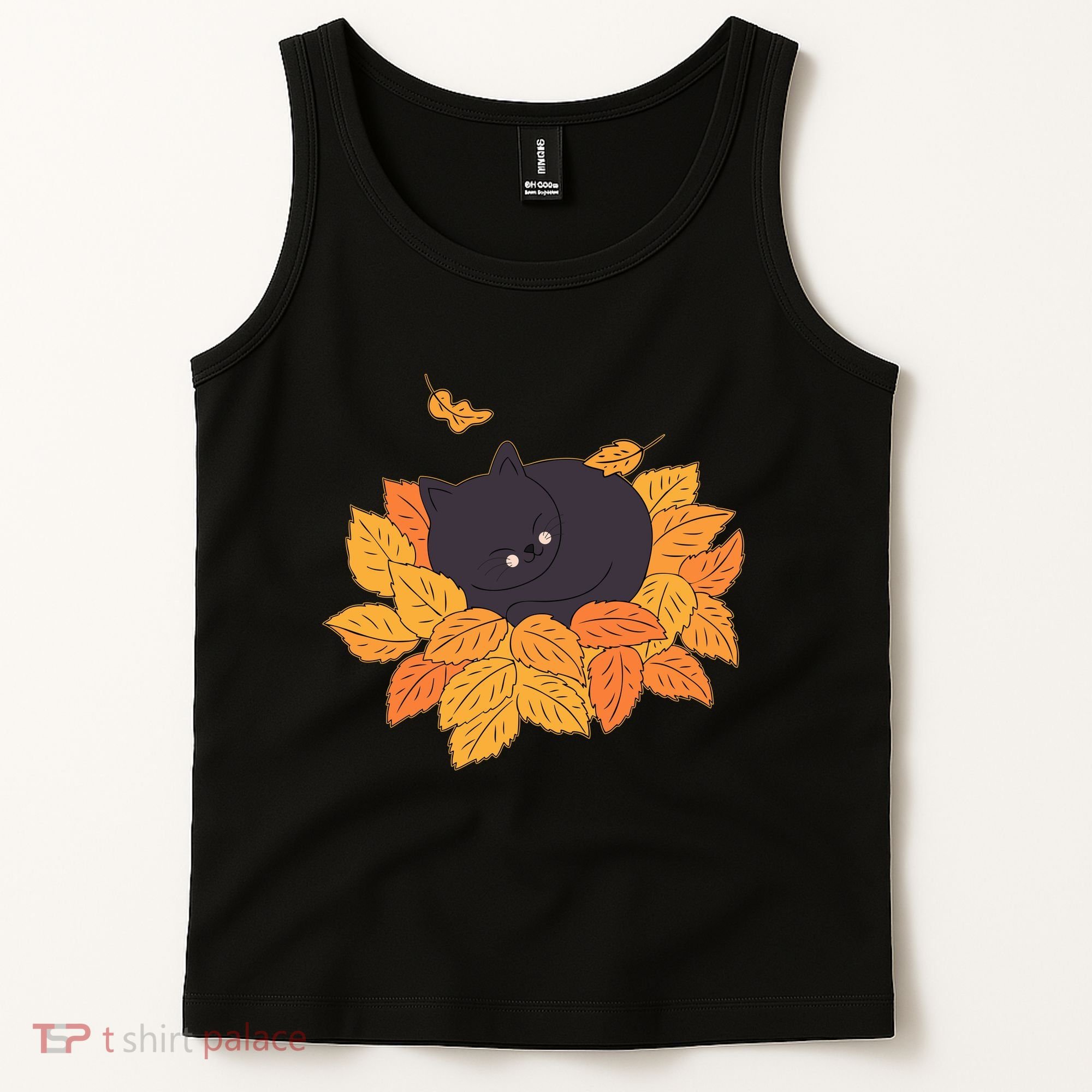 Cute Autumn Fall Sleeping Black Kitty Leaves Tank Top