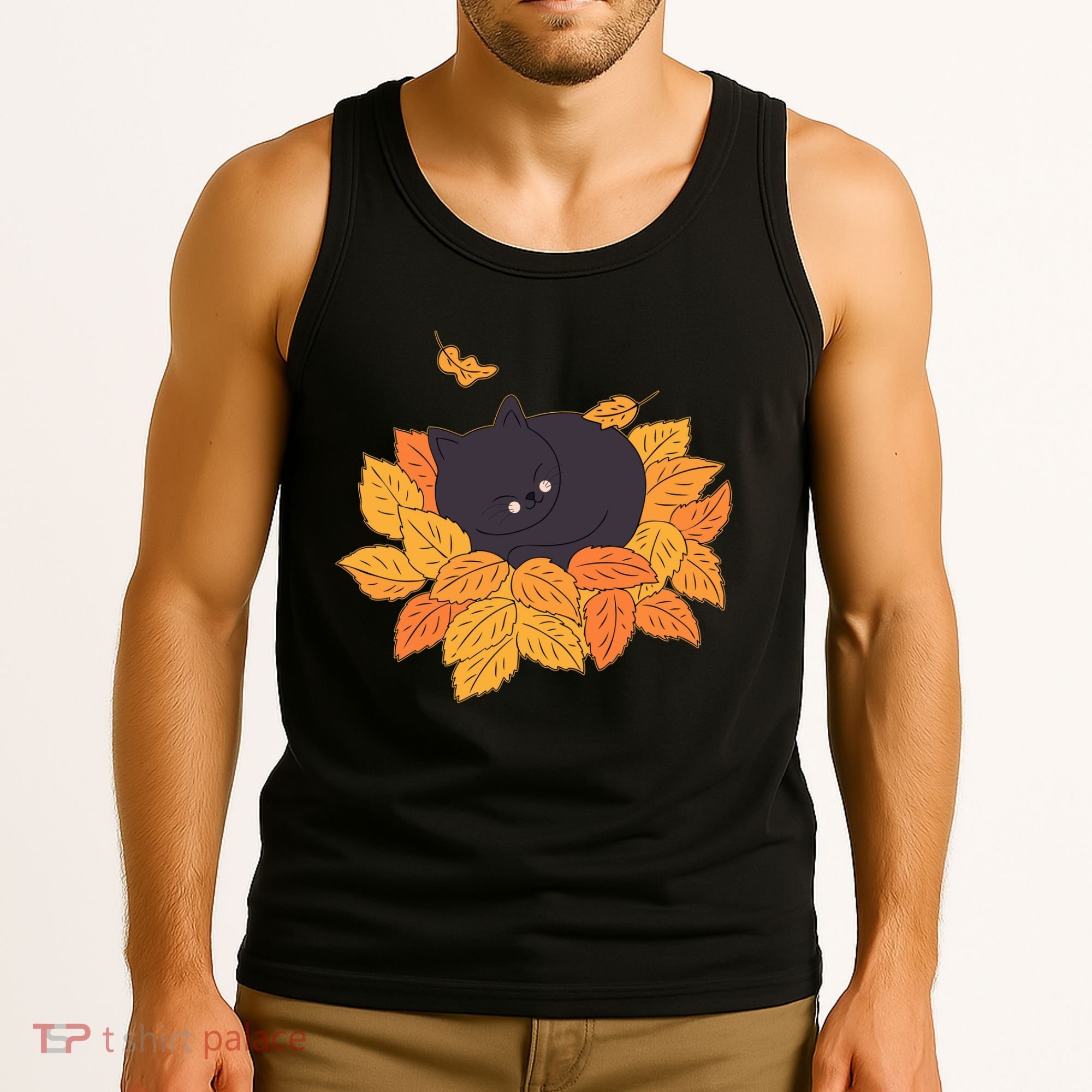 Cute Autumn Fall Sleeping Black Kitty Leaves Tank Top