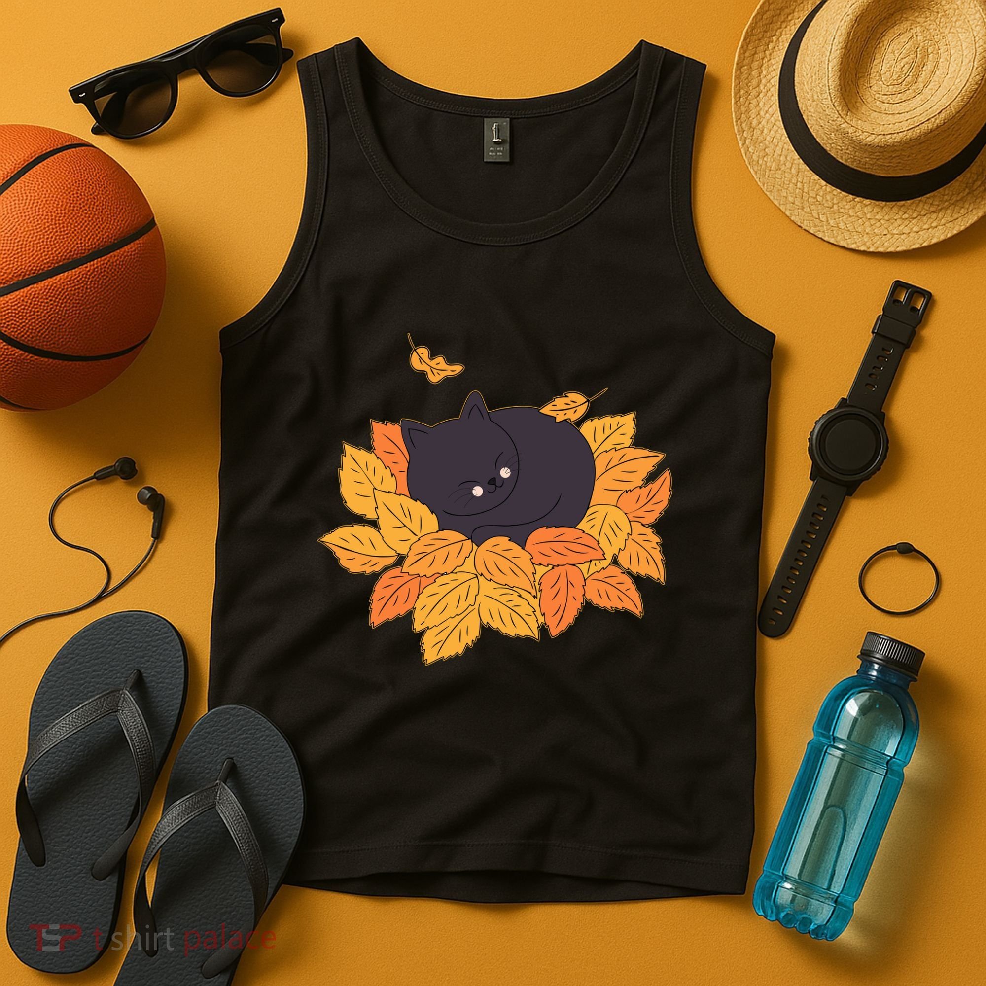 Cute Autumn Fall Sleeping Black Kitty Leaves Tank Top