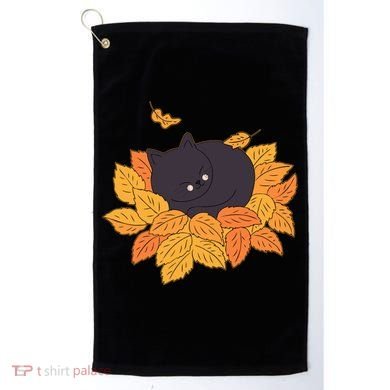 Cute Autumn Fall Sleeping Black Kitty Leaves Golf Towel