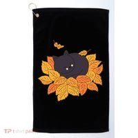 Cute Autumn Fall Sleeping Black Kitty Leaves Golf Towel thumb 0