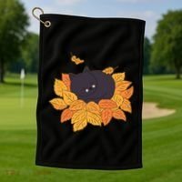 Cute Autumn Fall Sleeping Black Kitty Leaves Golf Towel thumb 1