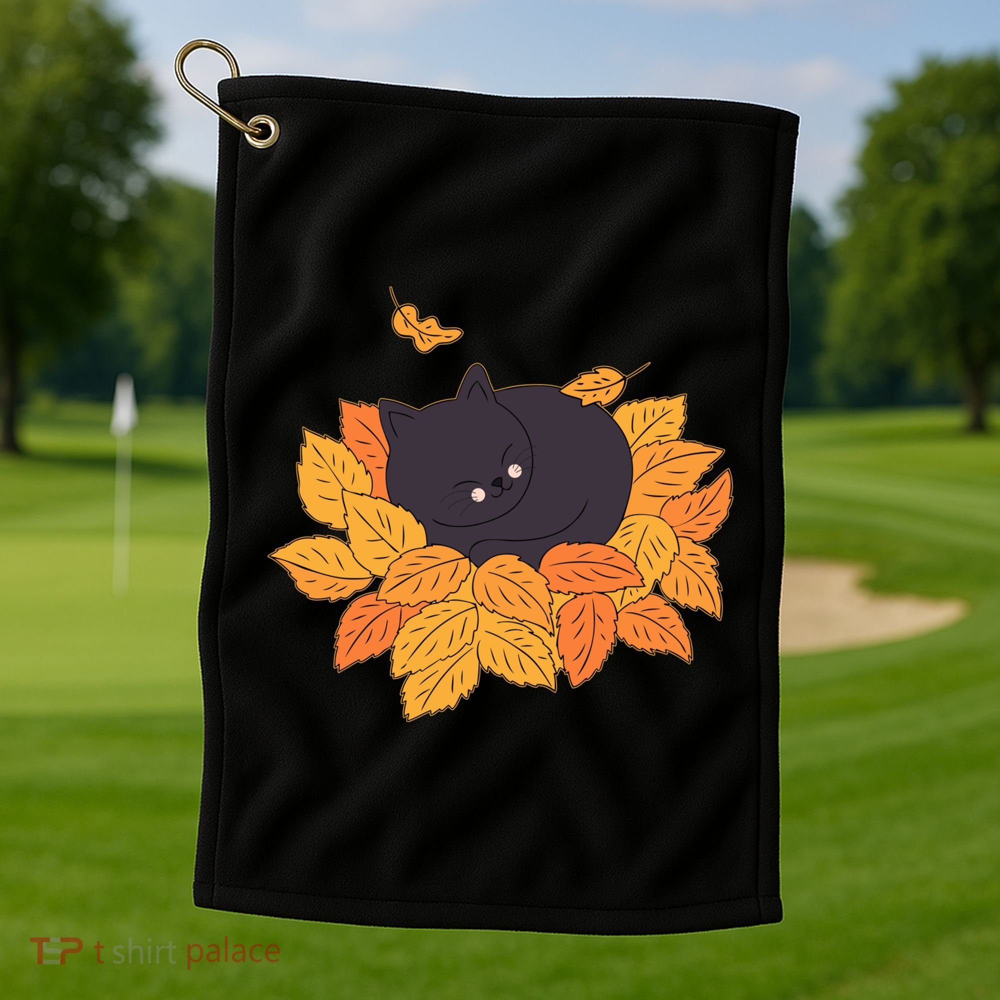 Cute Autumn Fall Sleeping Black Kitty Leaves Golf Towel