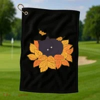 Cute Autumn Fall Sleeping Black Kitty Leaves Golf Towel thumb 1