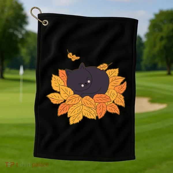 Cute Autumn Fall Sleeping Black Kitty Leaves Golf Towel