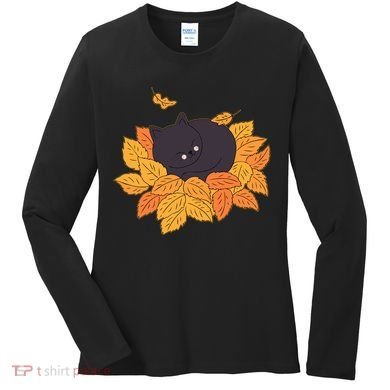 Cute Autumn Fall Sleeping Black Kitty Leaves Women's Long Sleeve Shirt