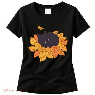 Cute Autumn Fall Sleeping Black Kitty Leaves Women's T-Shirt