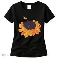 Cute Autumn Fall Sleeping Black Kitty Leaves Women's T-Shirt thumb 0