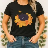 Cute Autumn Fall Sleeping Black Kitty Leaves Women's T-Shirt thumb 2